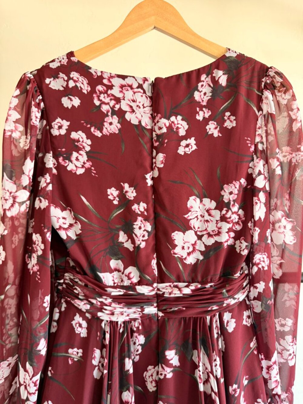 Mac Duggal Burgandy Floral Long Sleeve Chiffon Gown 4 - Picture 10 of 11